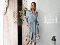 Linen Fringe Shirt Dress / Light Blue