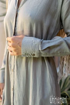Linen Fringe Shirt Dress / Sage Green