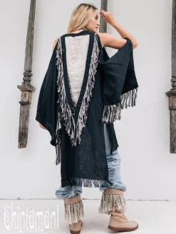 Linen Fringed Kimono / Black