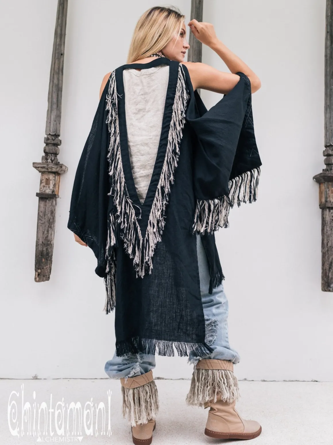 Linen Fringed Kimono / Black