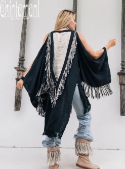 Linen Fringed Kimono / Black