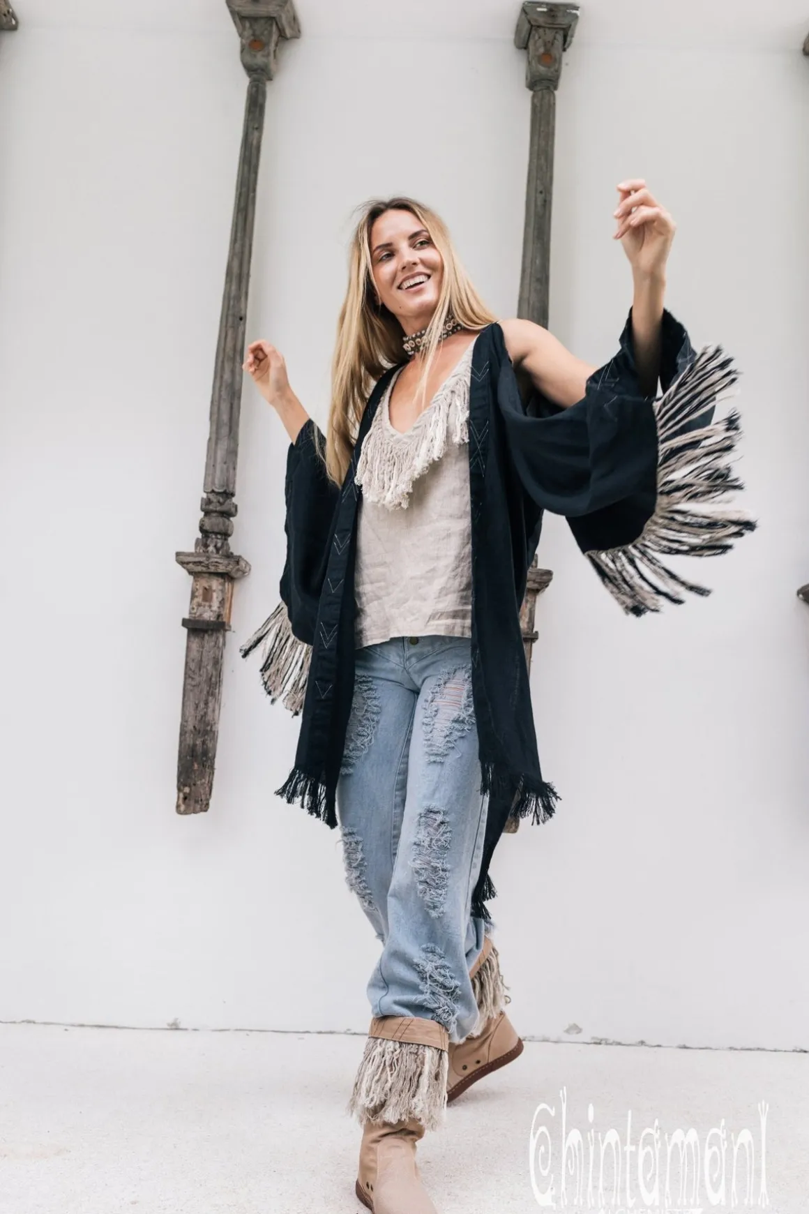 Linen Fringed Kimono / Black