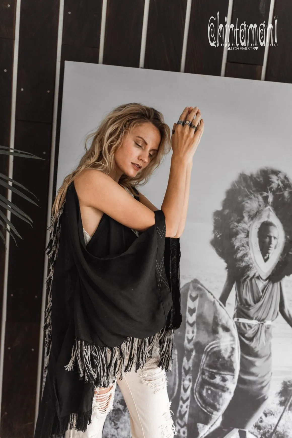 Linen Fringed Kimono / Black
