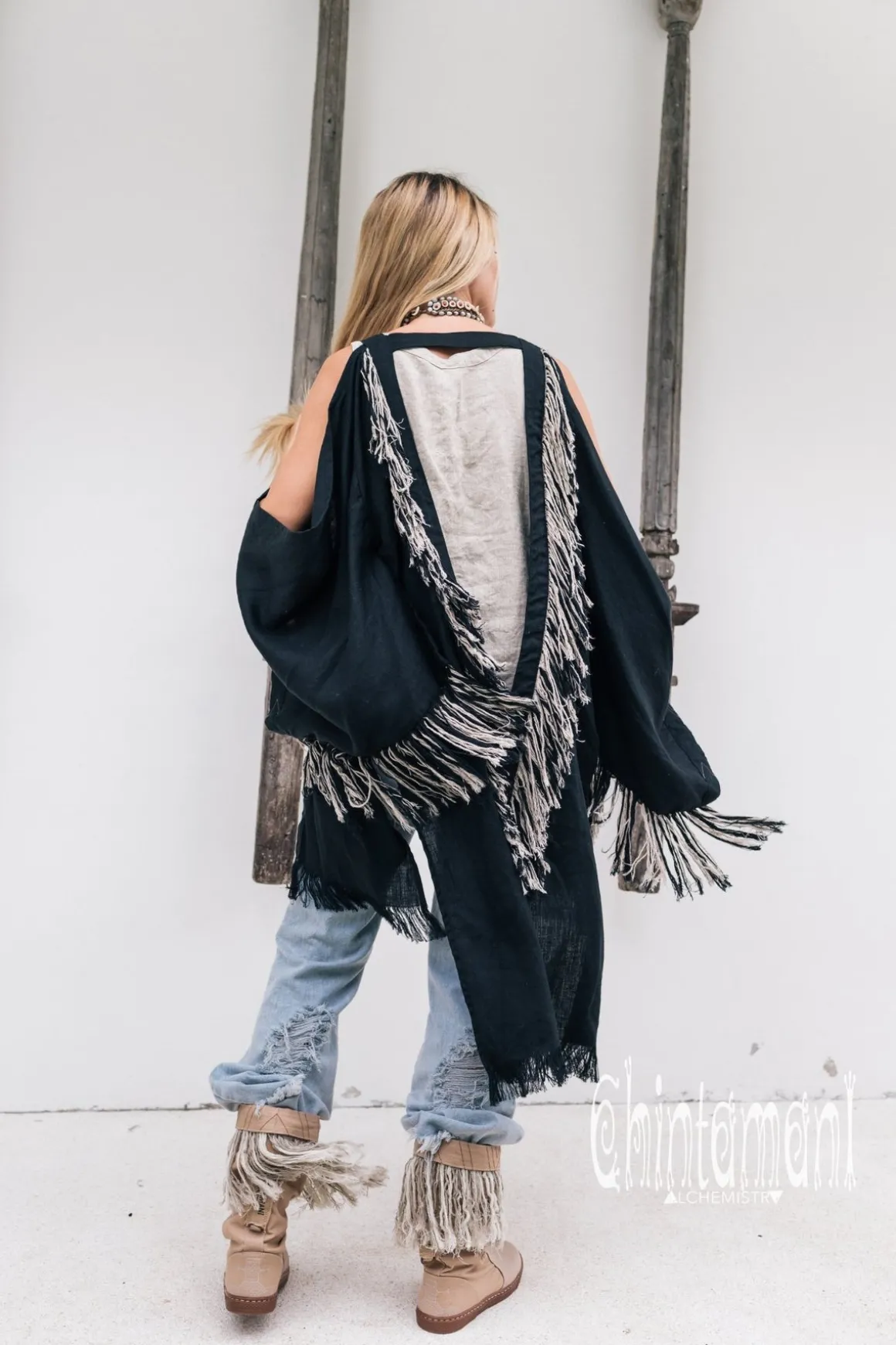Linen Fringed Kimono / Black