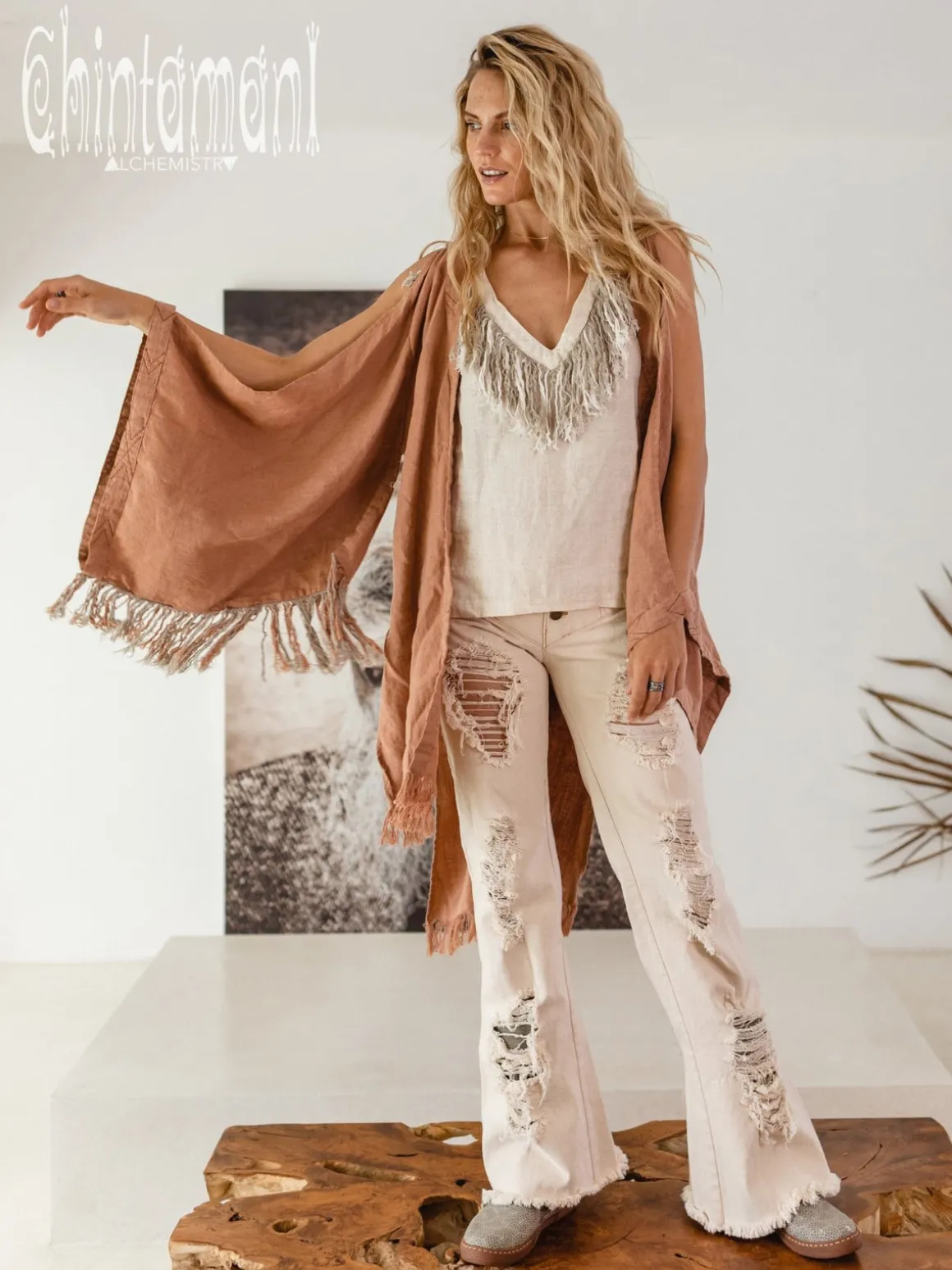 Linen Fringed Kimono / Dusty Pink