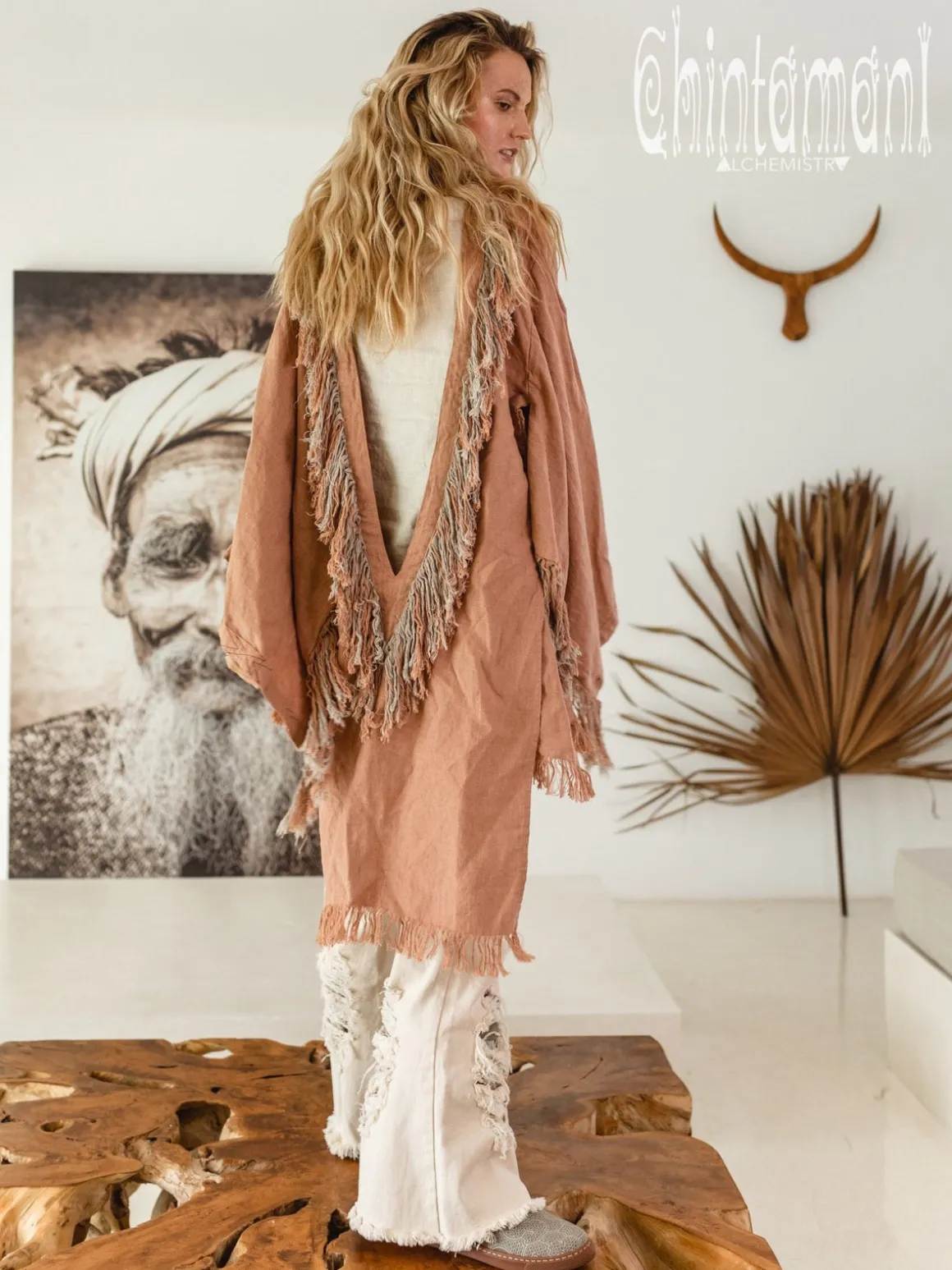 Linen Fringed Kimono / Dusty Pink
