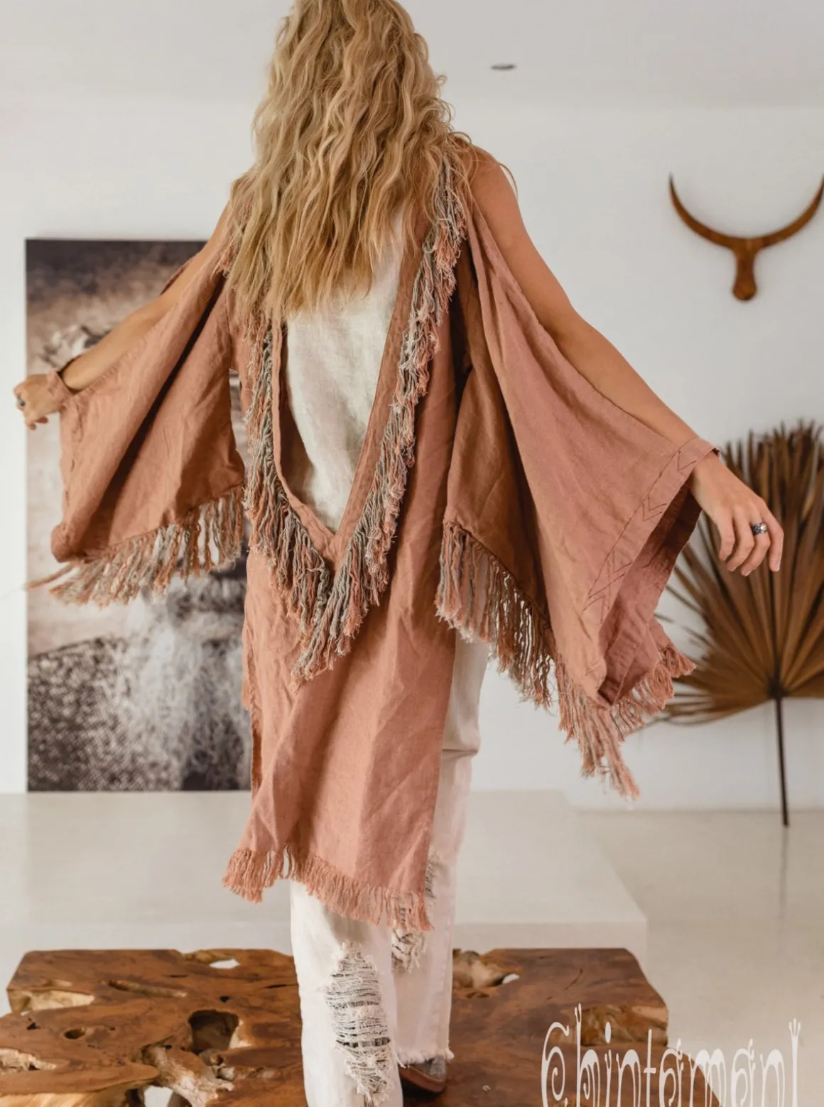 Linen Fringed Kimono / Dusty Pink