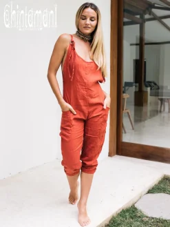 Linen Jumpsuit 3/4 / Red Ochre