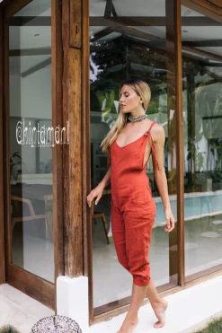 Linen Jumpsuit 3/4 / Red Ochre