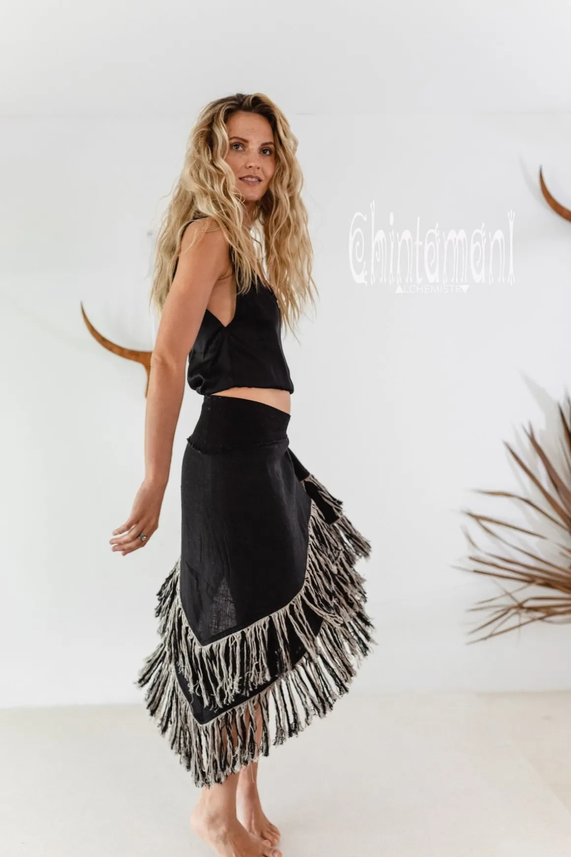 Linen Wrap Skirt / Black