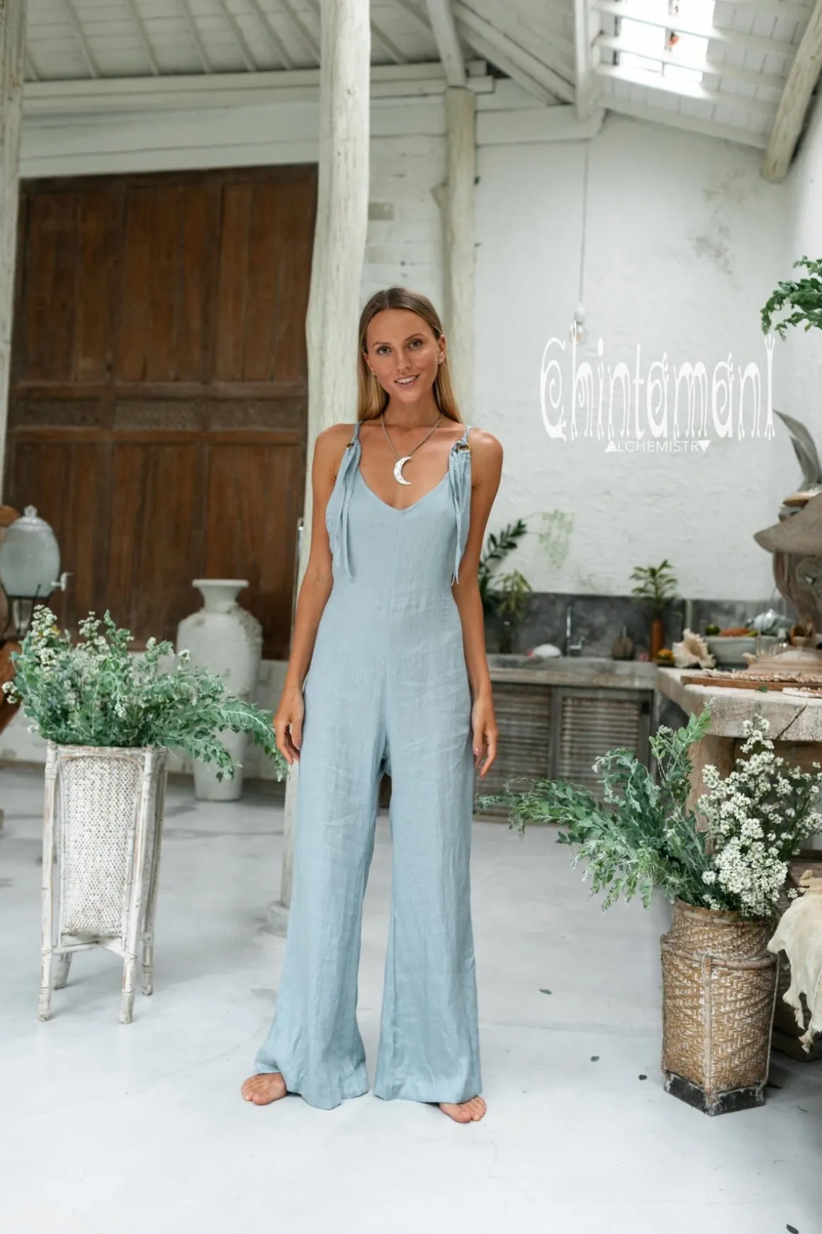 Long Linen Jumpsuit / Blue