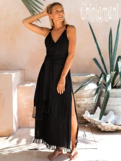 Sleeveless Raw Wrap Dress / Black
