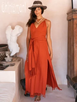 Sleeveless Raw Wrap Dress / Red Ochre