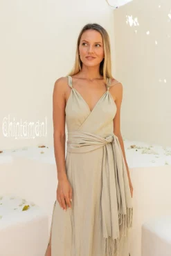 Sleeveless Raw Wrap Dress / Sage